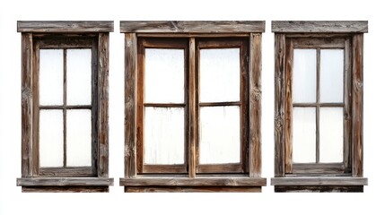 Obraz premium Set of four wooden windows in different sizes with plain glass and worn-out wooden frames on white background.