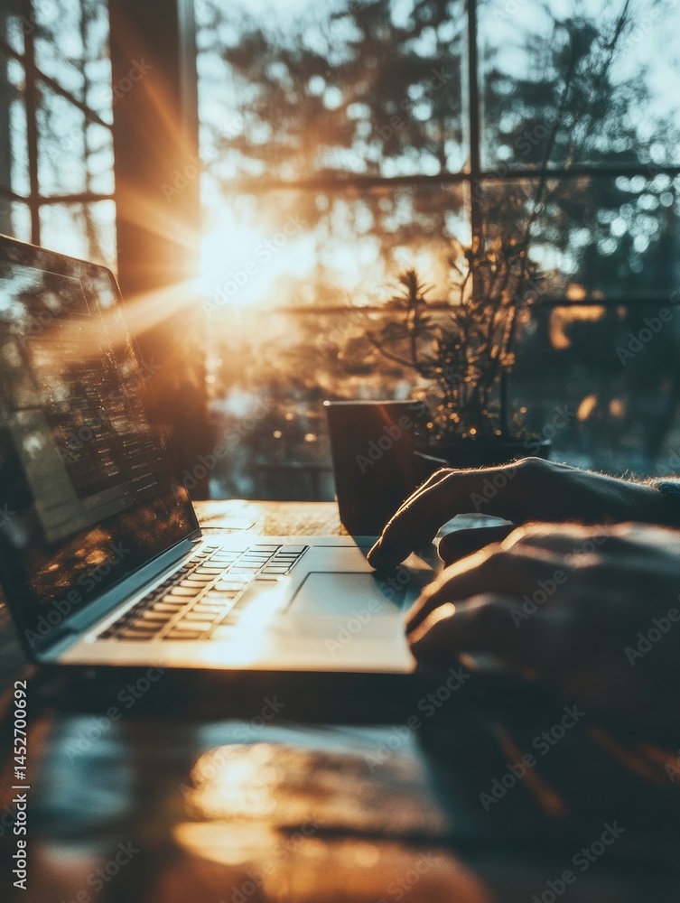 Poster golden hour productivity minimalist remote work aesthetic - inspiring digital nomad workspace with s