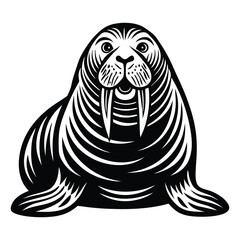 Vector illustration of walrus isolated on white background, Monochrome Walrus Sitting on the Ground