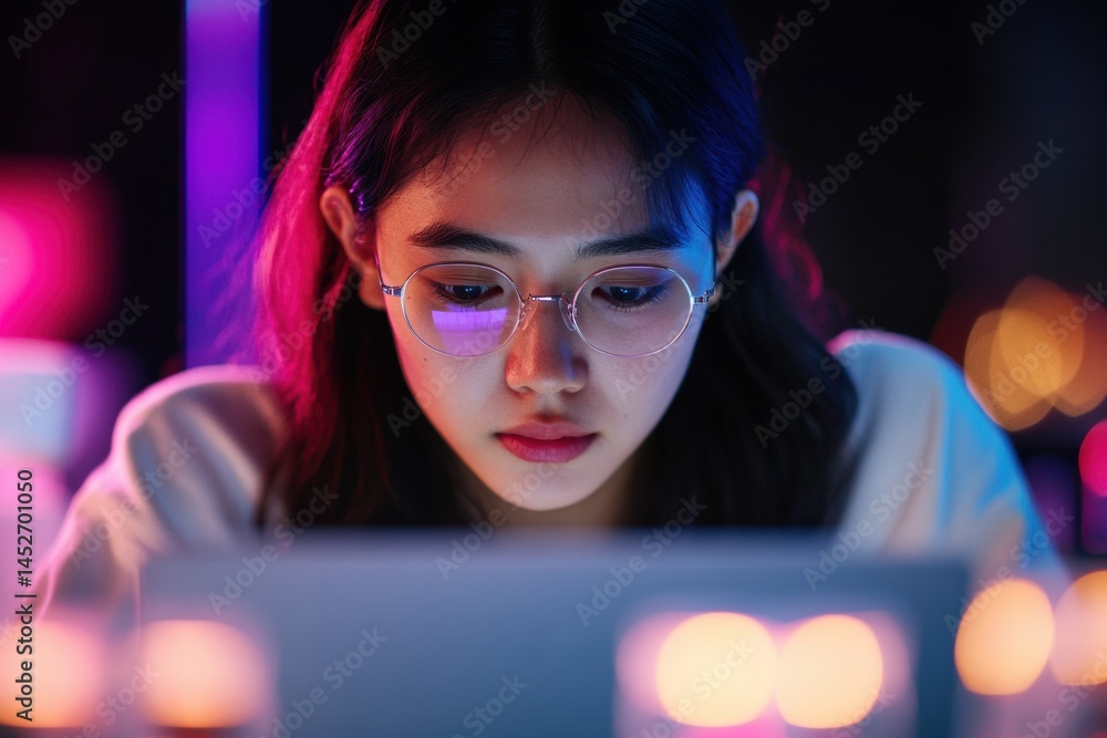 Poster immersive digital wellness gen z techno-aesthetic focused workspace with neon cyberpunk lighting - i