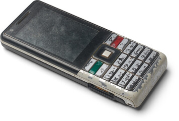 old obsolete mobile phone isolated white background, past generation handset cellphone with worn...