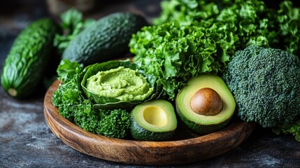 Green vegetables including avocado broccoli lettuce and cucumber on wooden plate.