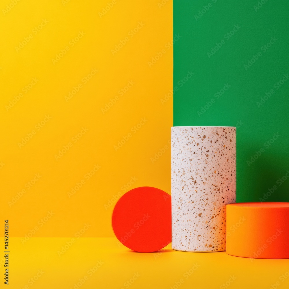 Aufkleber Minimalist Color Block Geometric Product Display Bold Terrazzo Podium Composition in Vibrant Yellow and Green for Contemporary Brand Storytelling