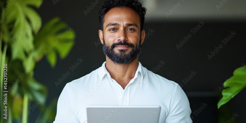 Poster Digital Transformation Insights Millennial Professional in Minimalist Tech Environment Embodying Modern Fintech Leadership and Innovative Workspace Dynamics