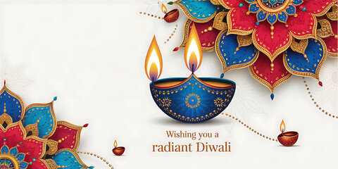 Obraz premium Happy Diwali Illustration Featuring Luxurious Deep Blue Gold Diya Lamp Glowing Flame Intricate Mandala Patterns Vibrant Red Blue Gold Tones on White Background for Festive Greeting Cards Invitations