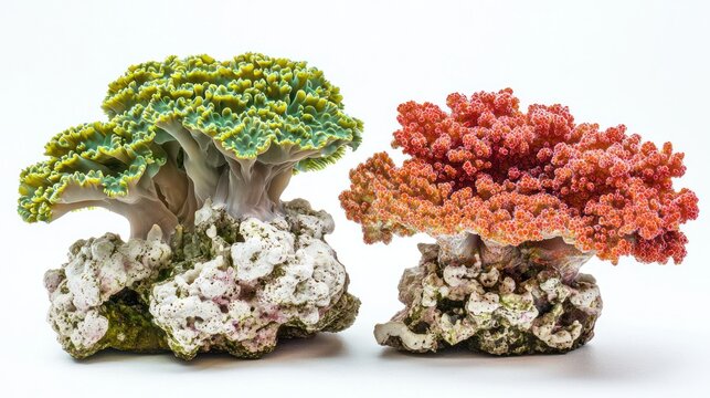 Set of green and red mushroom corals on white background