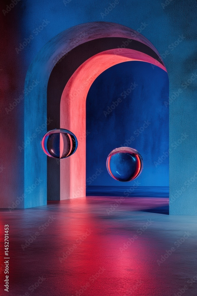 Poster cyberpunk metaverse portal immersive digital landscape with floating geometric spheres - next-gen vi