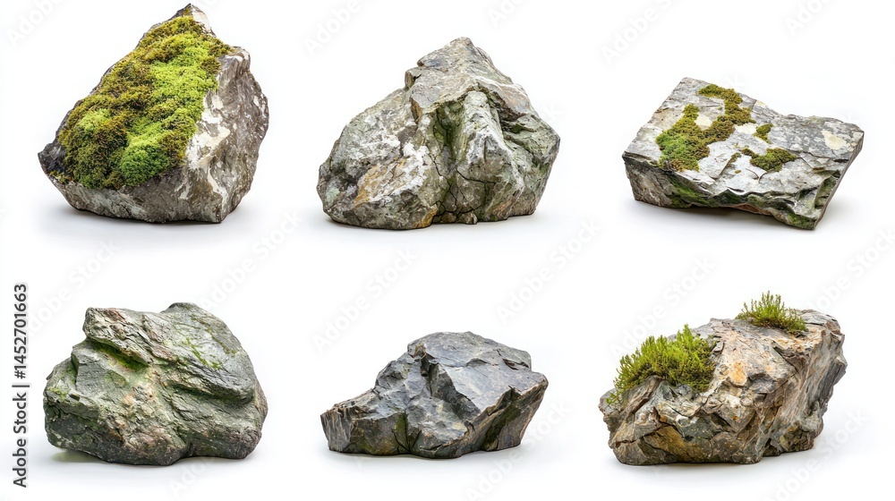 Poster set of jagged rocks with sparse moss coverage and soil on white background.