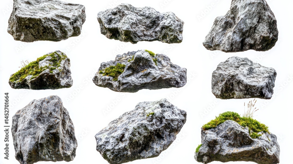 Poster set of jagged rocks with sparse moss coverage and soil on white background.