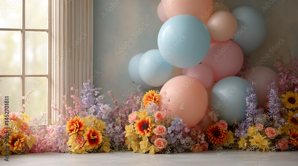 Poster pastel balloons and colorful flower arrangement near a window, creating a festive and cheerful scene