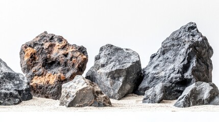 Set of jagged volcanic rocks with dry beach sand on white background.