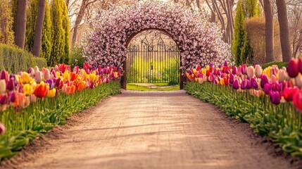 Fototapeta premium An idyllic country lane lined with tulips of all colors leading up to an arched gate completely covered in blooming cherry vine blossoms a?