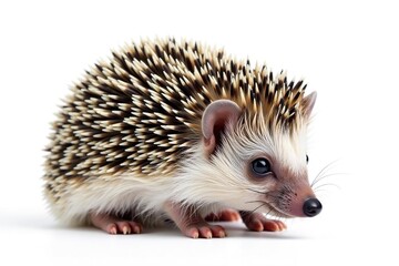 Obraz premium Tiny hedgehog curled, isolated on pure white background, texture, animal
