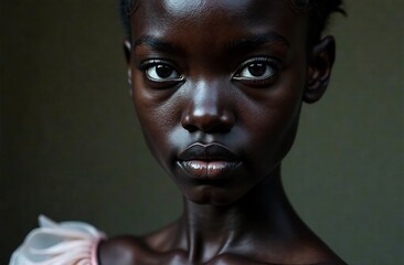 Sophisticated image of a black woman portrayed with elegance and charm. Dark background. Close up face. African America model looking at the camera.