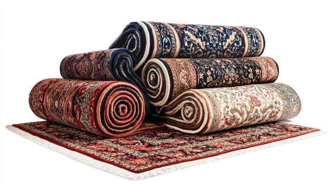 Set of luxury rugs with bold, elegant patterns on a white background