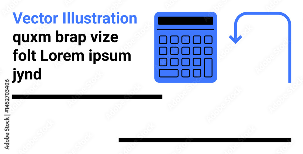 Poster blue calculator and arrow implying calculation or flow process with placeholder text. ideal for fina