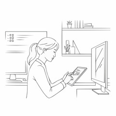 Woman using tablet while working at a desk with computer  
