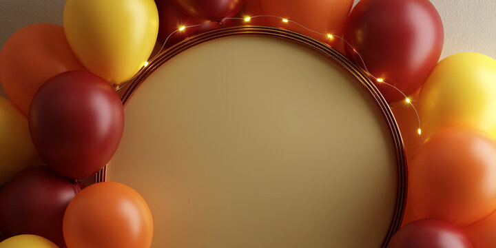 Beige circular frame surrounded by orange and maroon balloons and fairy lights, offering free space for text or logo, ideal for festive event promotion or celebration announcement