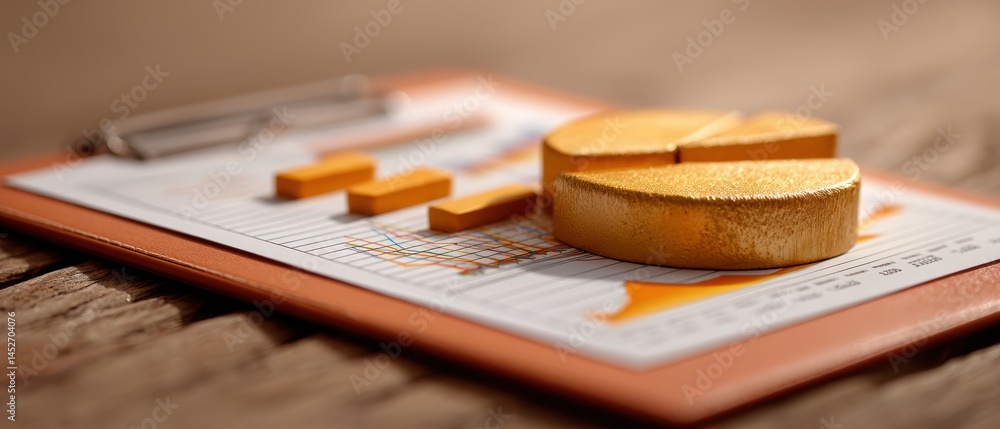 Aufkleber Data-Driven Performance Analytics Golden Pie Chart Metrics on Textured Workspace Revealing Business Intelligence Insights for Strategic Decision Making