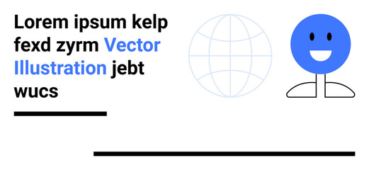 Blue smiling avatar, simple globe outline, and placeholder text highlighting connectivity, communication, and global ideas. Ideal for teamwork, education, technology, networking social media