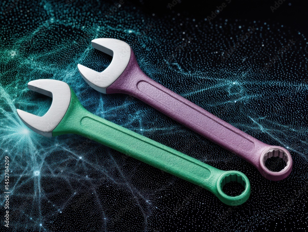 Aufkleber Digital Innovation Meets Precision Vibrant Ergonomic Wrenches on Quantum Network Backdrop - Next-Gen Industrial Design and Technical Creativity