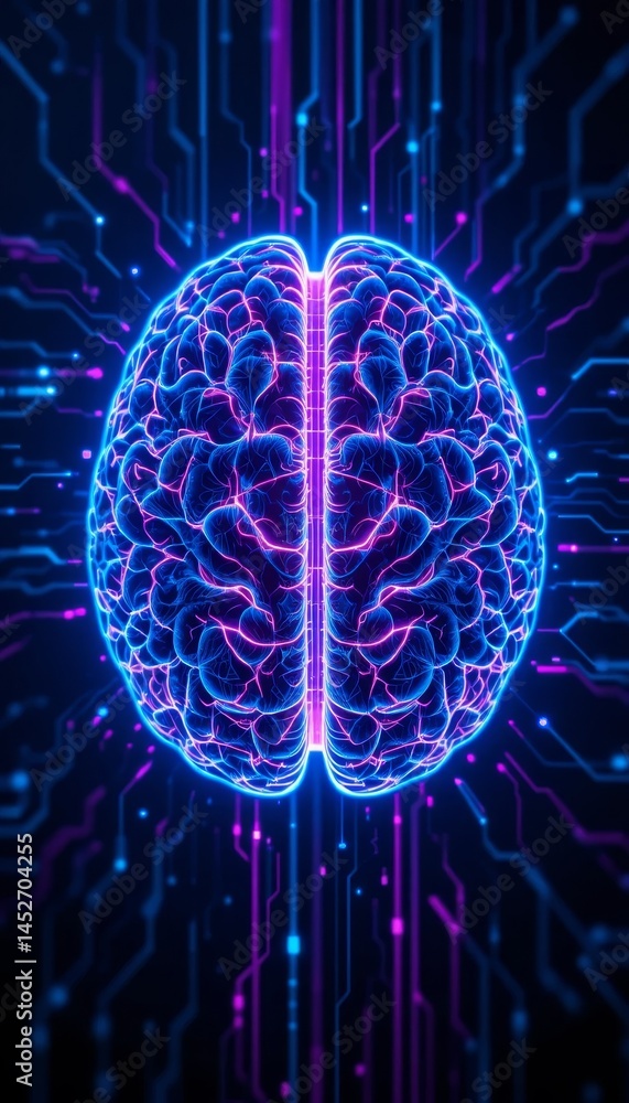 Poster futuristic ai brain with glowing circuits in neon blue and purple tones on a high-tech digital backg
