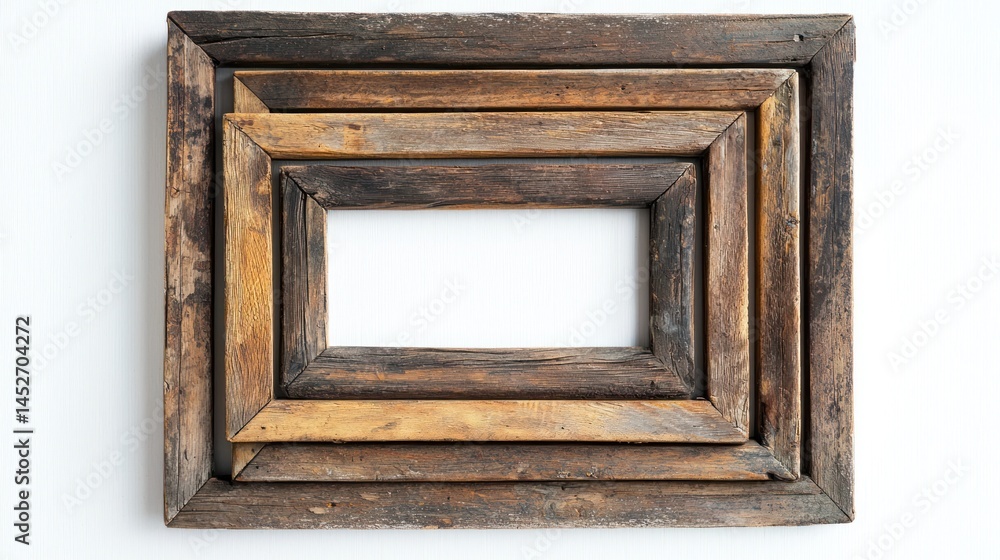 Poster set of nested wooden frames with weathered surfaces on white background.