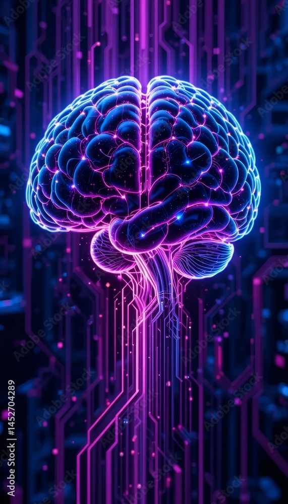 Poster futuristic ai brain with glowing circuits in neon blue and purple tones on a high-tech digital backg