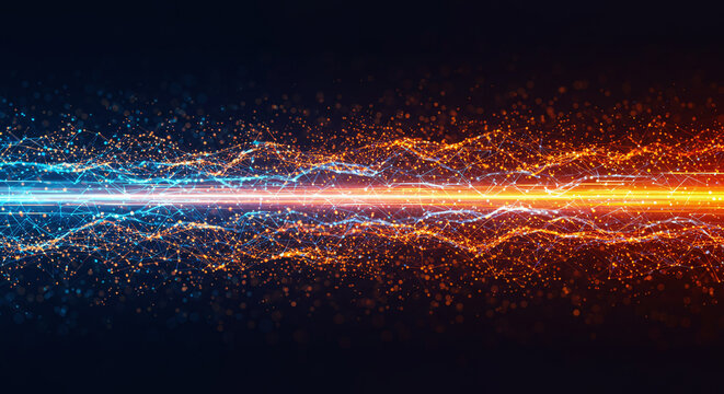 Abstract digital network background banner with glowing light and connecting data dots in blue orange and red colors. Generative AI.