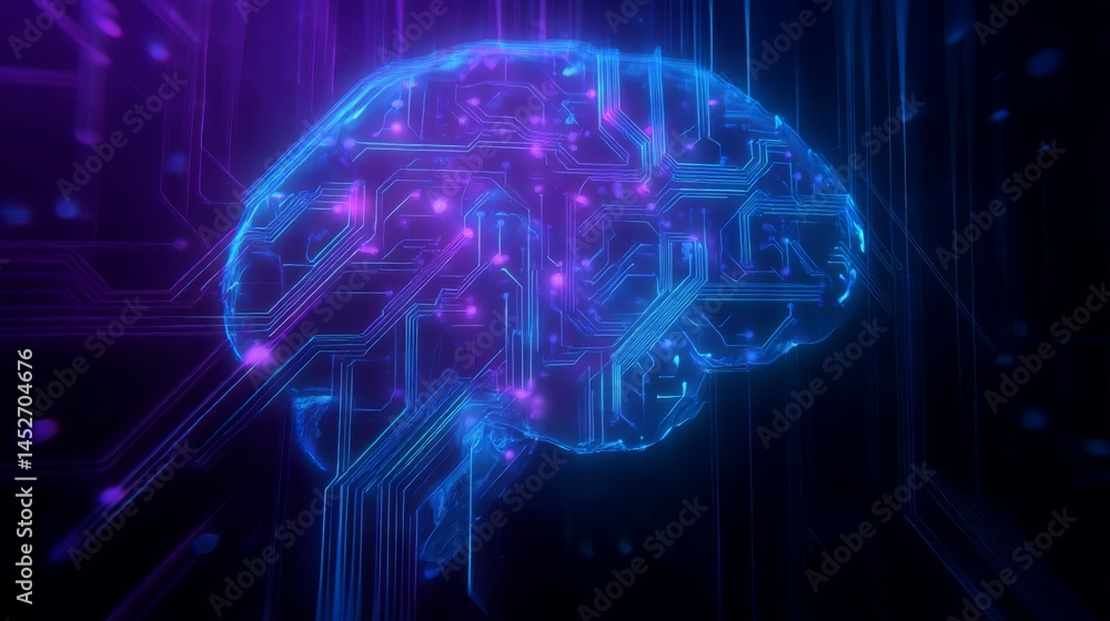 Poster futuristic ai brain with glowing circuits in neon blue and purple tones on a high-tech digital backg