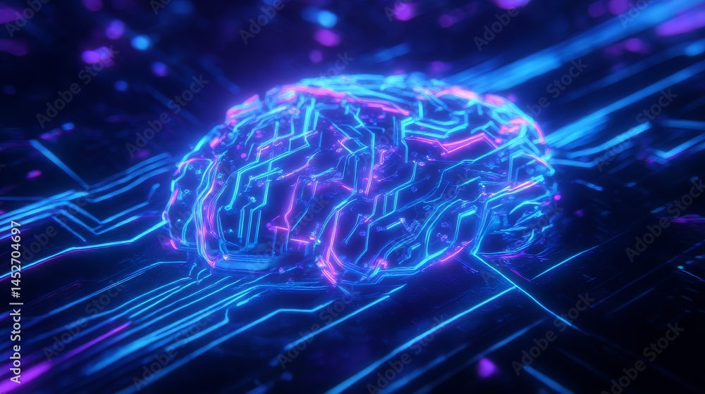 Poster futuristic ai brain with glowing circuits in neon blue and purple tones on a high-tech digital backg