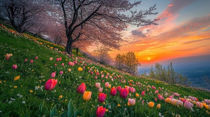 An untamed hillside covered with wild tulips and cherry trees in full bloom