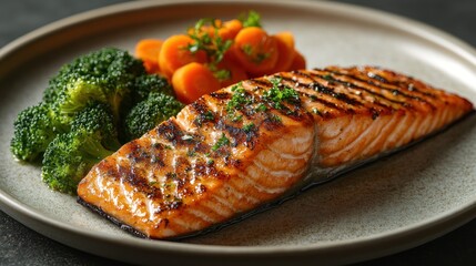Grilled salmon fillet served with broccoli and carrots on a plate.
