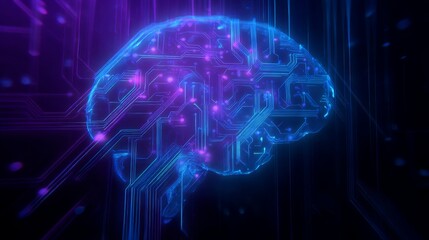 Obraz premium Futuristic ai brain with glowing circuits in neon blue and purple tones on a high-tech digital background Generative AI