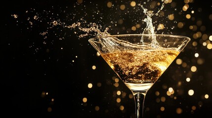 Liquid splashing from martini glass against a dark background with bokeh lights.
