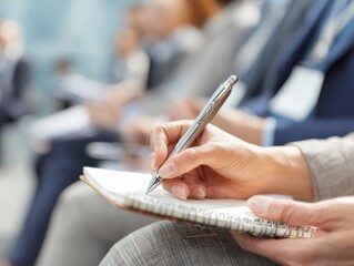 Close-up of hands writing notes on notepad during business presentation