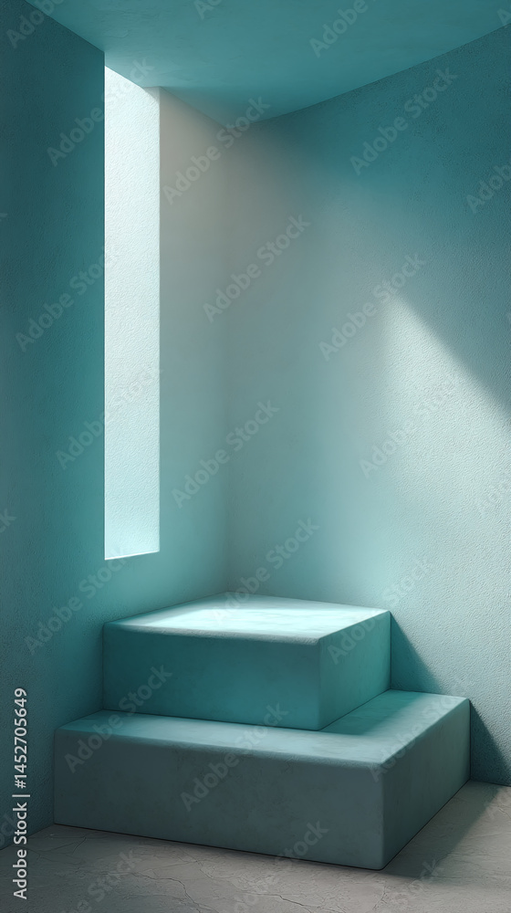 Poster teal two-tiered platform in a minimalist room, bathed in sunlight, showcasing a blank space ideal fo