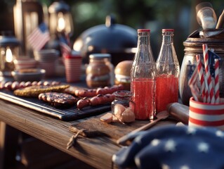 Summer Barbecue Picnic with Grilled Food and Patriotic Decor