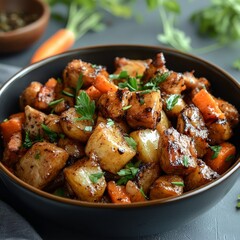 Fototapeta premium Meat, potatoes, carrots, bowl, table