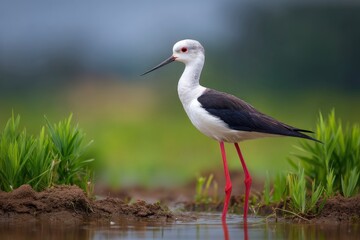 Fototapeta premium Black Winged Stilt Bird in Water