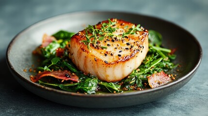 Culinary Artistry Seared Gourmet Scallop with Microgreen Garnish - Contemporary Fine Dining Plating Showcasing Textural Elegance and Gastronomic Innovation
