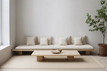 Cozy Minimal Living Room Featuring Light Wood Furnishings and Natural Indoor Elements