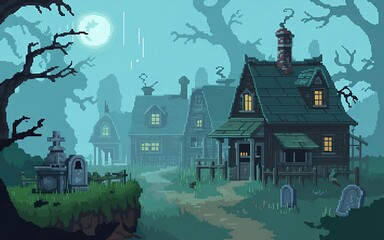 Pixel art of haunted village with crooked houses, spooky graveyard, and foggy paths.