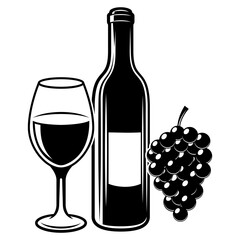 Wine product wineglass and bottle with grapes black and white composition illustration
