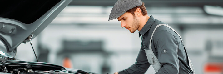 Young male mechanic in uniform and flat cap inspecting car engine in auto repair workshop with open hood