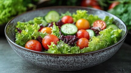 Fresh salad with lettuce tomatoes and cucumbers in a bowl on a table.