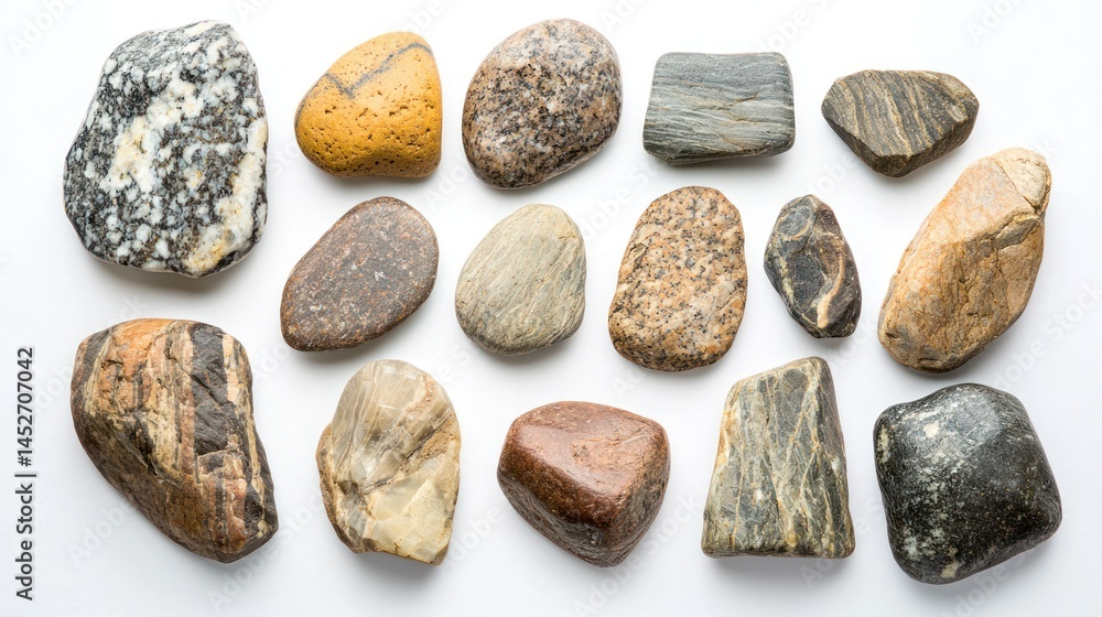 Poster set of rounded and sharp-edged desert stones against white background