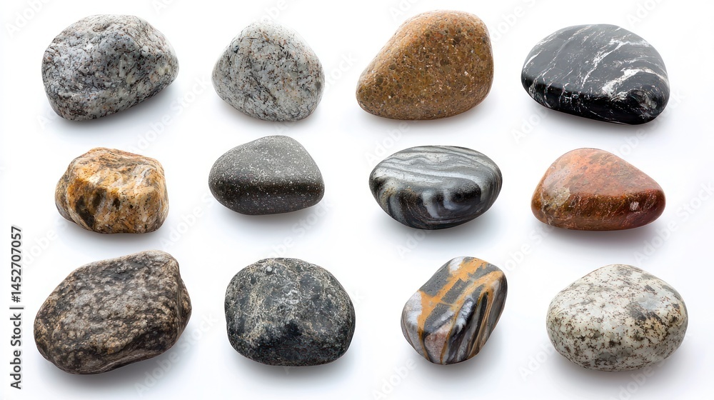 Poster set of rounded and sharp-edged desert stones against white background