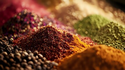 Colorful spices in abstract layout highlighting textures with soft, even lighting, emphasizing detail and visual harmony, food theme