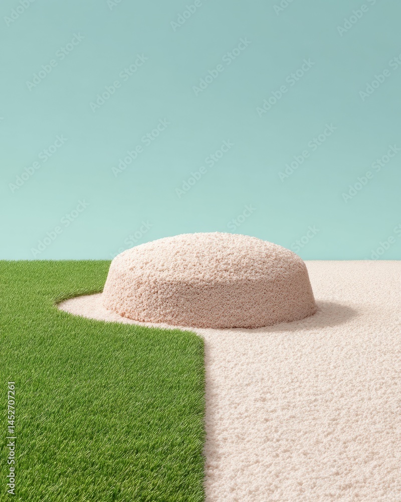Fototapete minimalist architectural landscape textural interplay of sand, grass, and curved form - contemporary